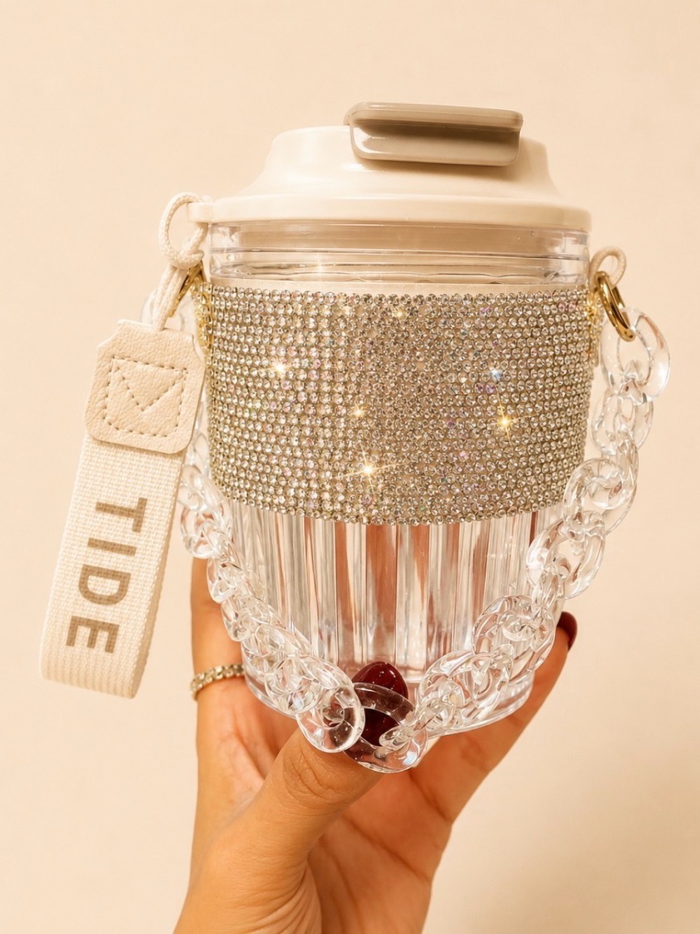 Crystal-Embellished Cream Travel Tumbler with Strap